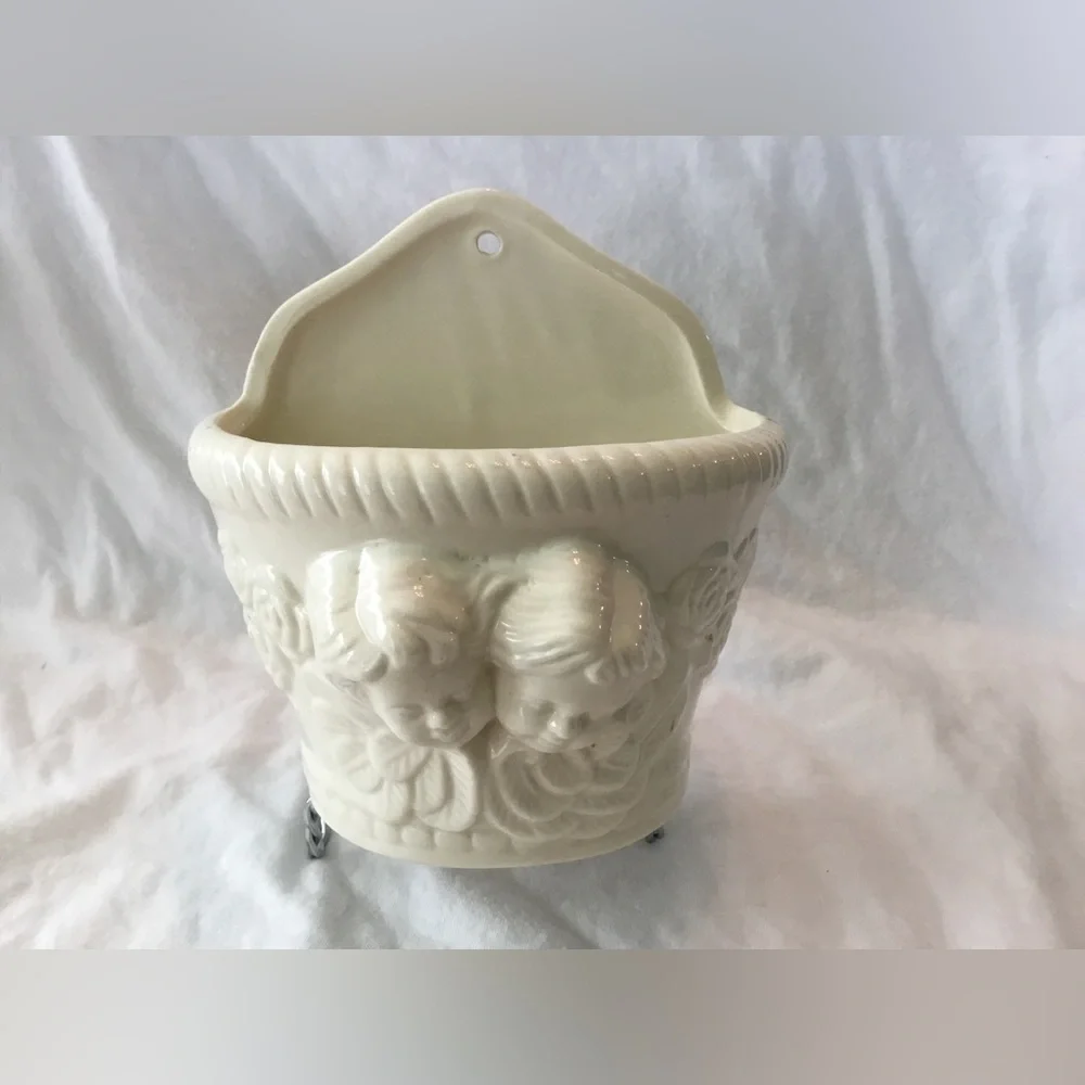 Vintage MCM Cherub Angel Wall Pocket Planter, Ivory
